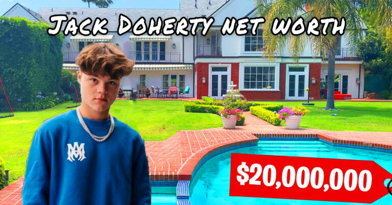 Jack Doherty standing with a playful expression, surrounded by a luxury home.