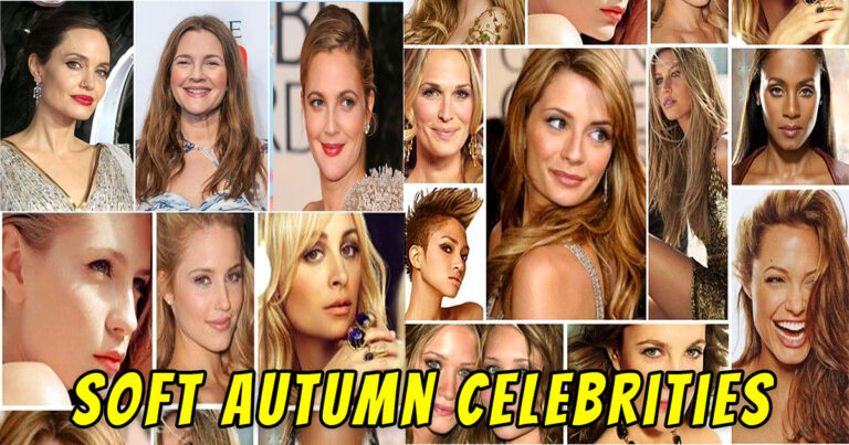 Collage of Soft Autumn celebrities, including Jennifer Aniston, Julia Roberts, and Gisele Bündchen, showcasing their fashion in warm, earthy tones.